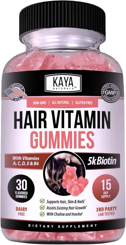 Kaya Naturals Saç Büyüme Gummies - Biotin 500006 Sağlıklı Saç, Cilt ve Çiçekler - Kadınlar veya Erkekler için Güzellik Tamam - 30 Kont - Blueberry Flavor