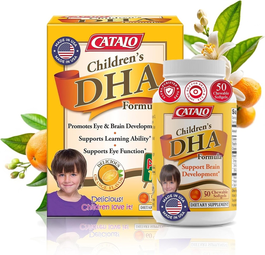CATALO Çocuk DHA Formula Fish Oil Supplements, Chewable Softgels, servis başına 200 mg DHA, Omega-3, Natural Orange Flavor for Kids, for Brain Function & Eye Development, Easy to Take, 50 Softgels