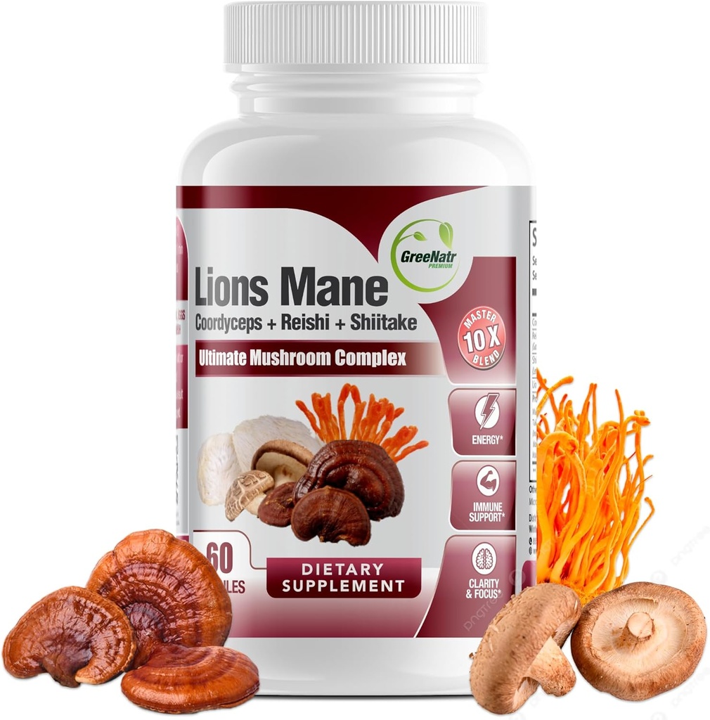 GreeNatr Complete Mushroom Supplement -10 in 1 Complex with Lions Mane, Cordyceps, Shiitake, Chaga, Turkey Tail for Immune Support, Memory, Focus & Natural Energy Booster - 60 Κάψουλες (1 μπουκάλι)