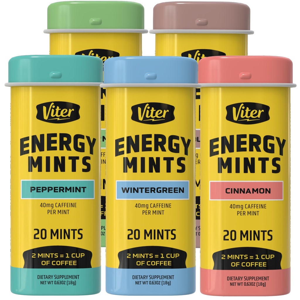 Viter Energy 40 mg Caffeine Mints - Sugar Free, B Vitamins, Vegan, Boosts Fast Energized Alert Focus, Caffeinated Nootropic Supplement Pills (Variety Flavors, 20par, 5 Pack, 100par)
