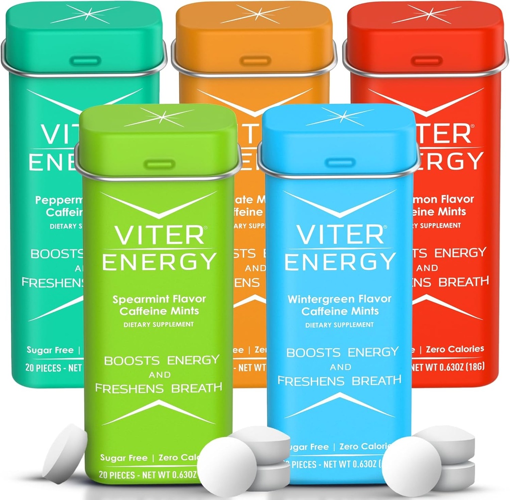 Viter Energy 40 mg Caffeine Mints - Sugar Free, B Vitamins, Vegan, Boosts Fast Energized Alert Focus, Caffeinated Nootropic Supplement Pills (Variety Flavors, 20par, 5 Pack, 100par)
