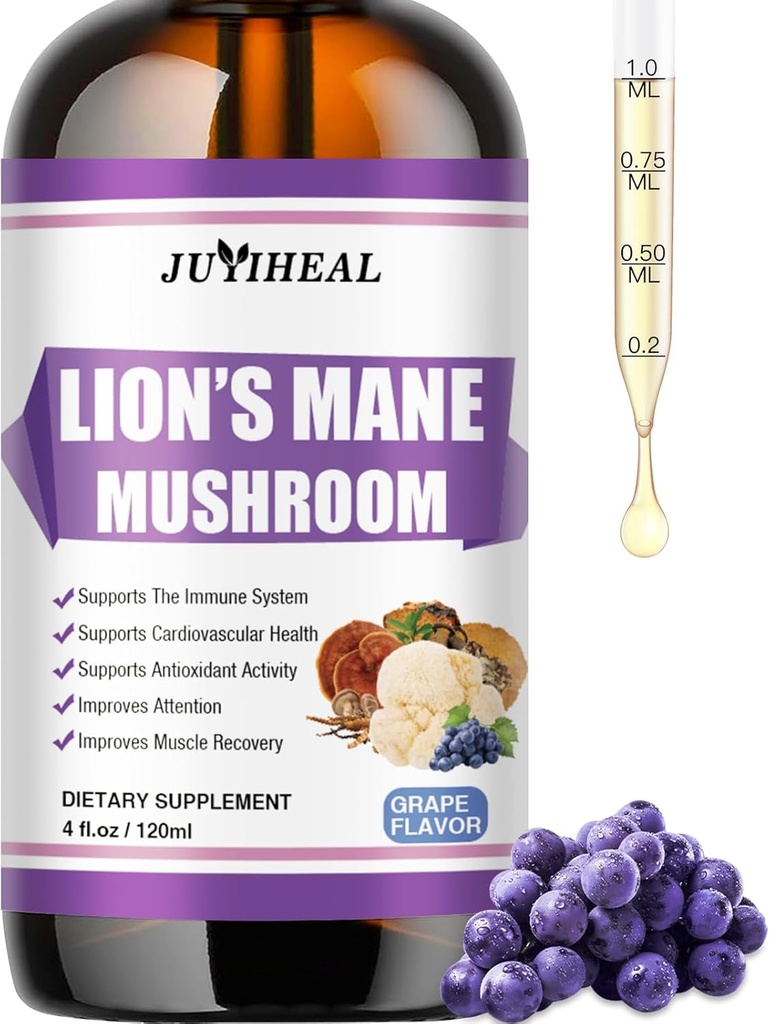 Lions Mane Liquid - Beyin Desteği, Enerji, Hafıza ve Oda - Şeker & Alkol Özgür Aslanlar Mane Supplement - 4 Fl OZ, 4 Ay Supply, Grape Flavor