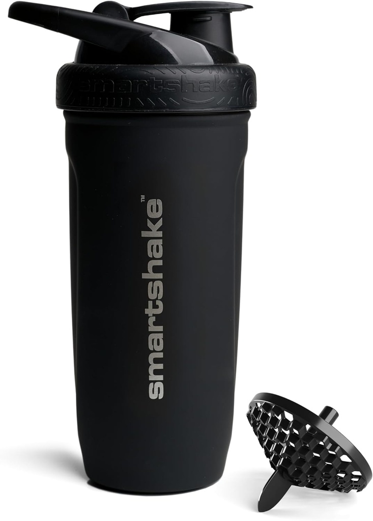 Smartshake Reforce Paslanmaz Çelik Protein Shaker Şişe - Az önce Unisex Spor | Metal Shaker Şişeler - 900 ml | 30 oz - Leakproof Vida-On Lid - DEHP & BPA Free (Black)