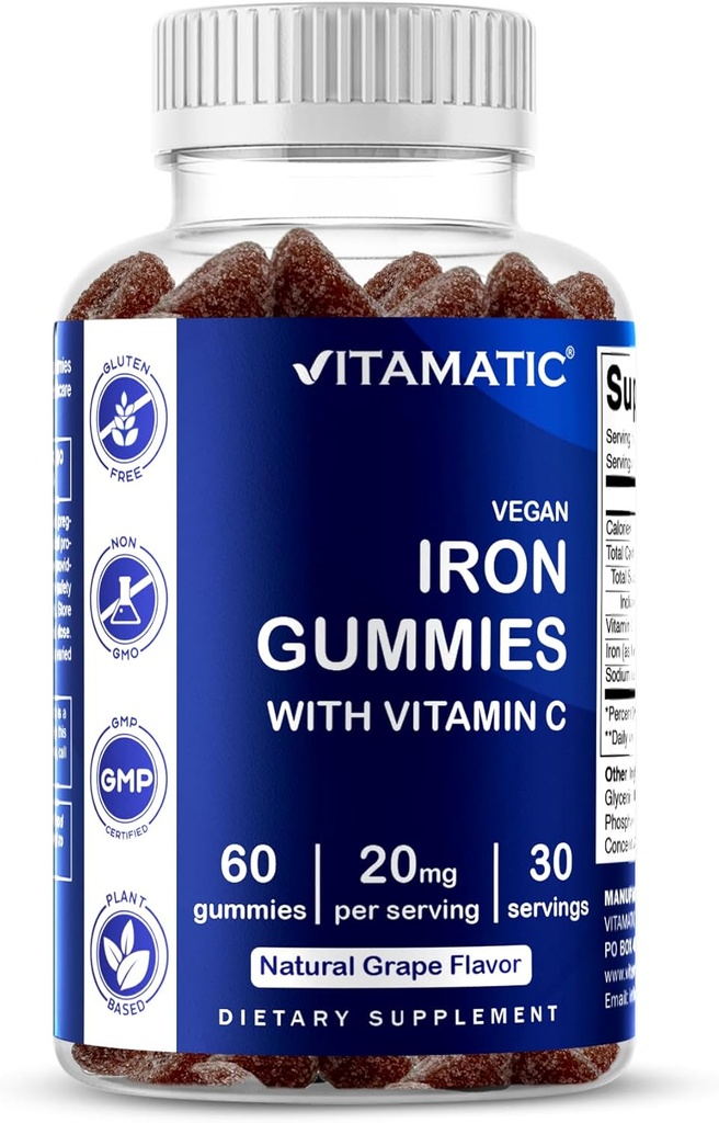 Vitamatic Iron Gummies Supplement for Women & Men - 20 mg - 60 Vegan Gummies - Büyük Taşting Demir Gummy Vitamin C (60 Kont) ile Vitamin C (60 Kont (kırda 1))