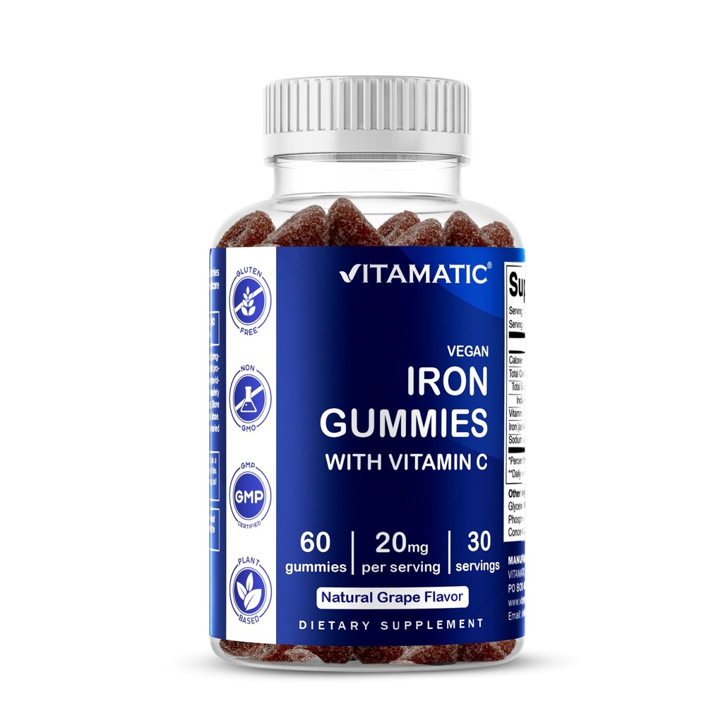 Vitamatic Iron Gummies Supplement for Women & Men - 20mg Serving - 60 Vegan Gummies - Great Tasting Iron Gummy Βιταμίνες με Βιταμίνη C (60 Count (Pack of 1))