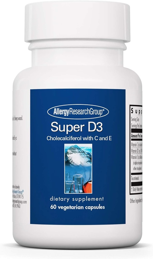 Alerji Araştırma Grubu Super D3 Diyetsel Supplement - Bone & Immune Support, Cholecalciferol with C & E, Vegetarian Capsules, Gluten Free - 60 Count Count Count