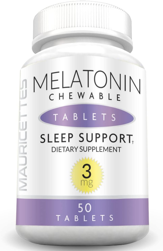 Mauricettes Natural Melatonin 3 mg Chewable Tabletler - Çocuklar için 3 mg Uyku Pills, Gençler ve Yetişkinler, Unflavored, Non Addictive, Dissolvable Sleep Support, 50 Chewables
