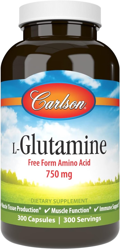 Carlson - L-Glutamine, Free-Form Amino asit, 750 mg, Muscle Tound Production, 300 Capsules