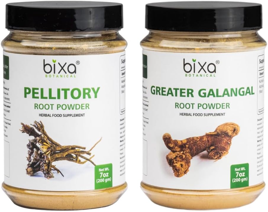 BOXA BOTANICAL Pellitory Root Powder (Anacyclus Pyrethrum/Akarkara) 7 Oz + Galangal Root Powder (Kulinjan/Alpinia Galanga) 7 Oz Bundle 
