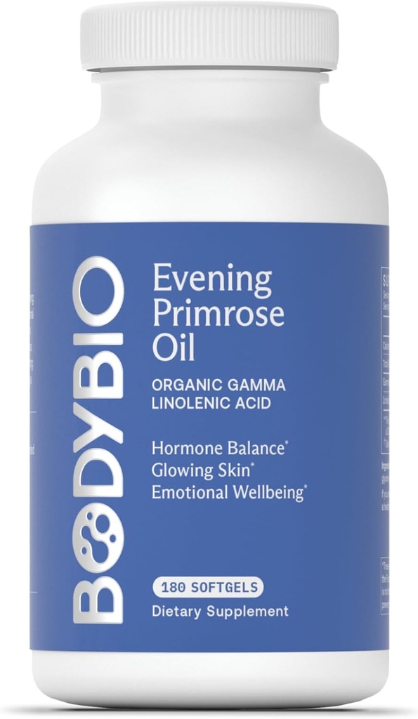 BodyBio Evening Primrose Oil - Doğal Gamma Linolenic Acid for Health Skin & Hormon Dengesi - Non-GMO, Cold Pressed, 180 yumuşakgels