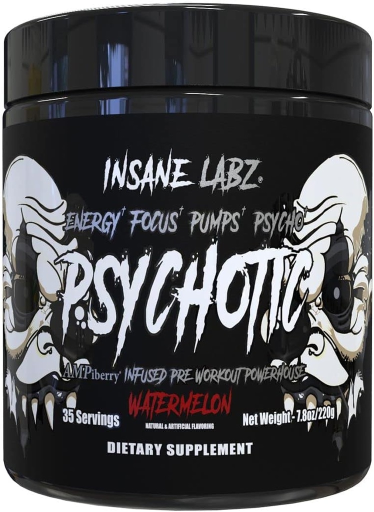 Insane Labz Psychotic Black Edition Mid Stimulant Pre Workout Toz, Enerji Odaklı pompalar, AMPiberry tarafından akreplenmiş, 35 Hizmet (Watermelon)