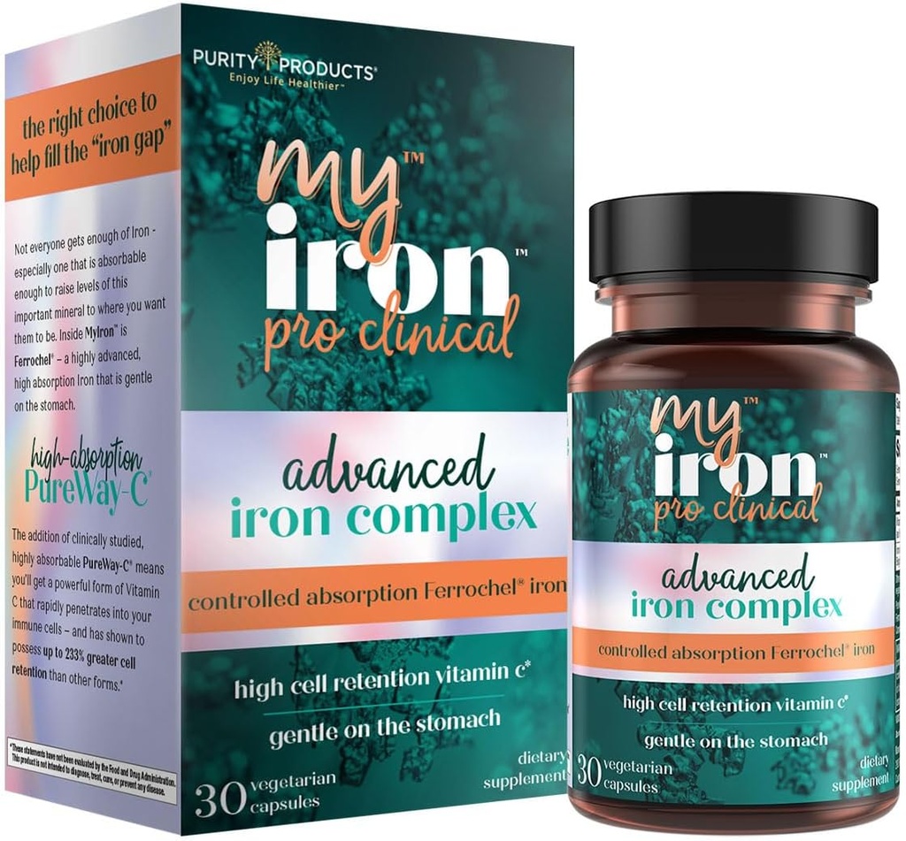 MyIron ProClinical by Purity Products - Σιδήρος (Ferous Bisglycinate Chelelate) + Βιταμίνη C (PureWay-C) - Απαλό στο στομάχι - Ελεγχόμενη απορρόφηση - Προάγει υγιή ερυθρά αιμοσφαίρια - 30 κόμη (1)