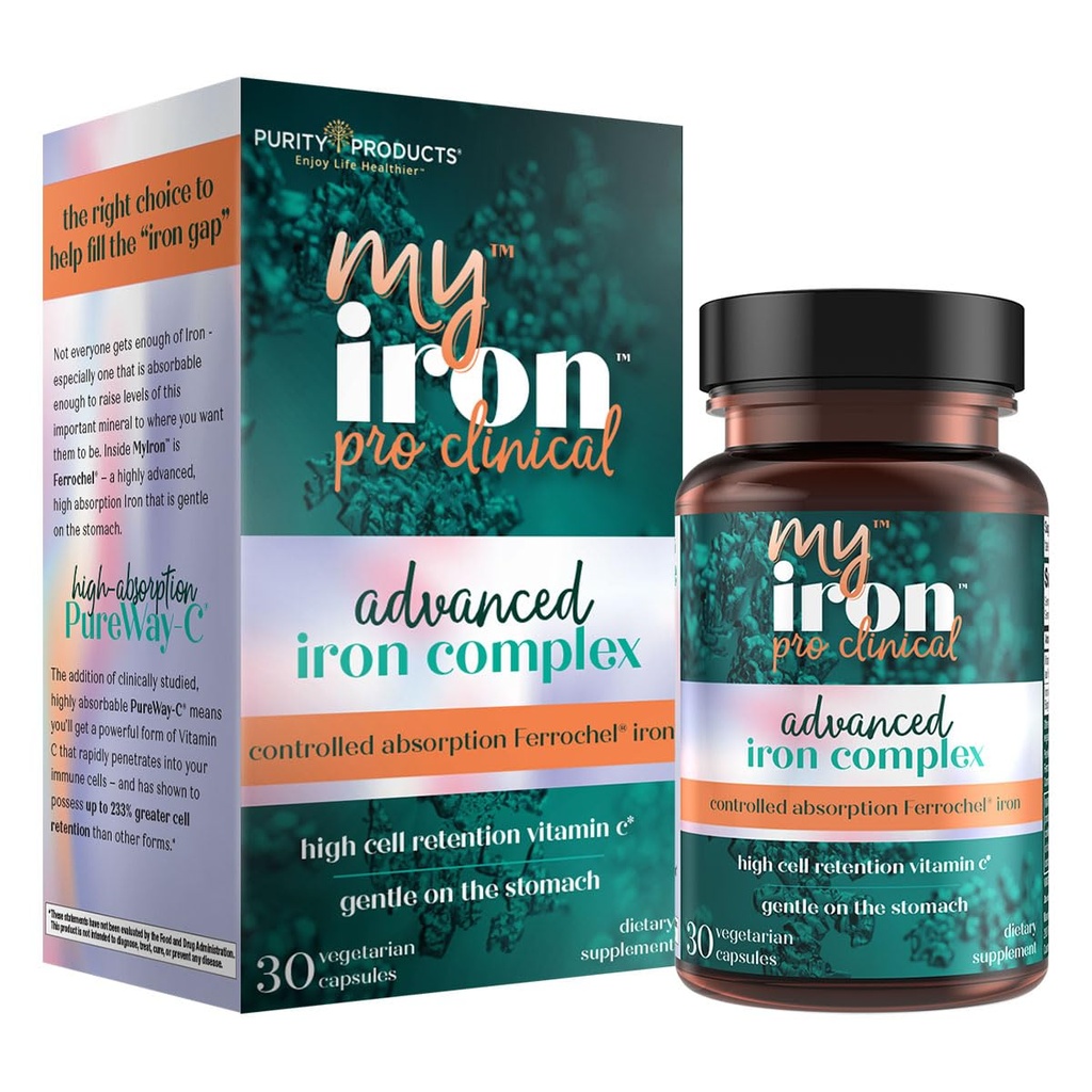 MyIron ProClinical by Sapphire Products - Iron (Ferrous Bisglycinate Chelelate) + Vitamin C (Pure Way-C) - Stomach'da Nazik - Kontrollü Absiyon - Sağlıklı Kırmızı Kan Hücreleri - 30 Kont (1)