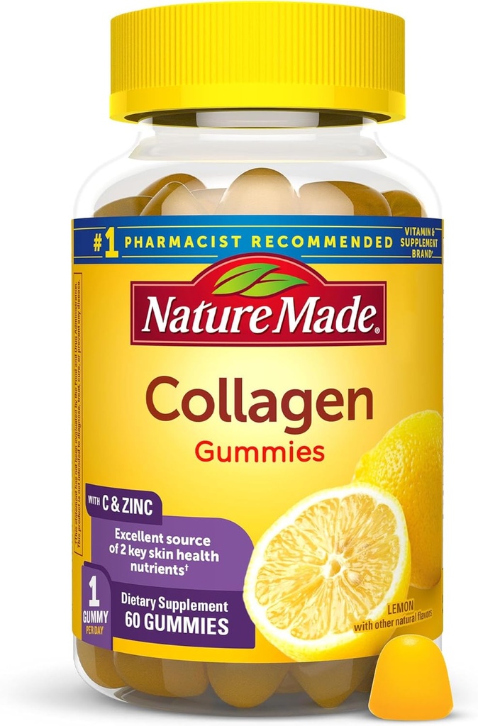 Nature Made Collagen Gummies με βιταμίνη C, ψευδάργυρος και βιοτίνη, Hydrolyzed Collagen Peptides συμπλήρωμα για την υγιή υποστήριξη του δέρματος, 60 Gummies, 60 ημέρες προσφοράς