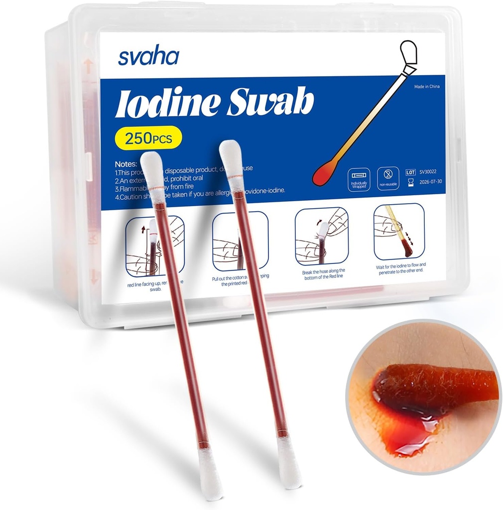 Svaha Povidone Iodine Swabsticks - 250 Sticks Bireysel olarak yuvarlandı, Iodine Çözüm Snapped, No Kurutucu Out, Perfect for Yara Bakımı, First Aid Kits, Travel & Outdoor Use
