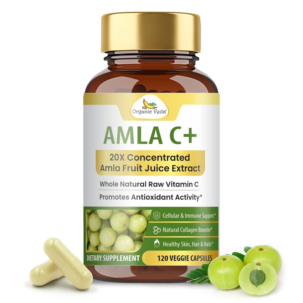 Organik Veda Amla Fruit Capsules, 20 X Yoğun Amla Berry Doğal Vitamin C Supplement - Potent Antioksis, Immunity, Skin Radiance - Vegan C Amla Toz Capsule 120