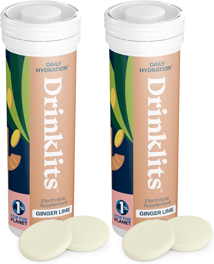 Drinklits Ginger-Lime Daily Hydration Tabletleri (2) Tube Sche | Organik Ginger – 0g Sugar – Essential Electrolytes | 20 Servisler - 10 Tabletler Tube