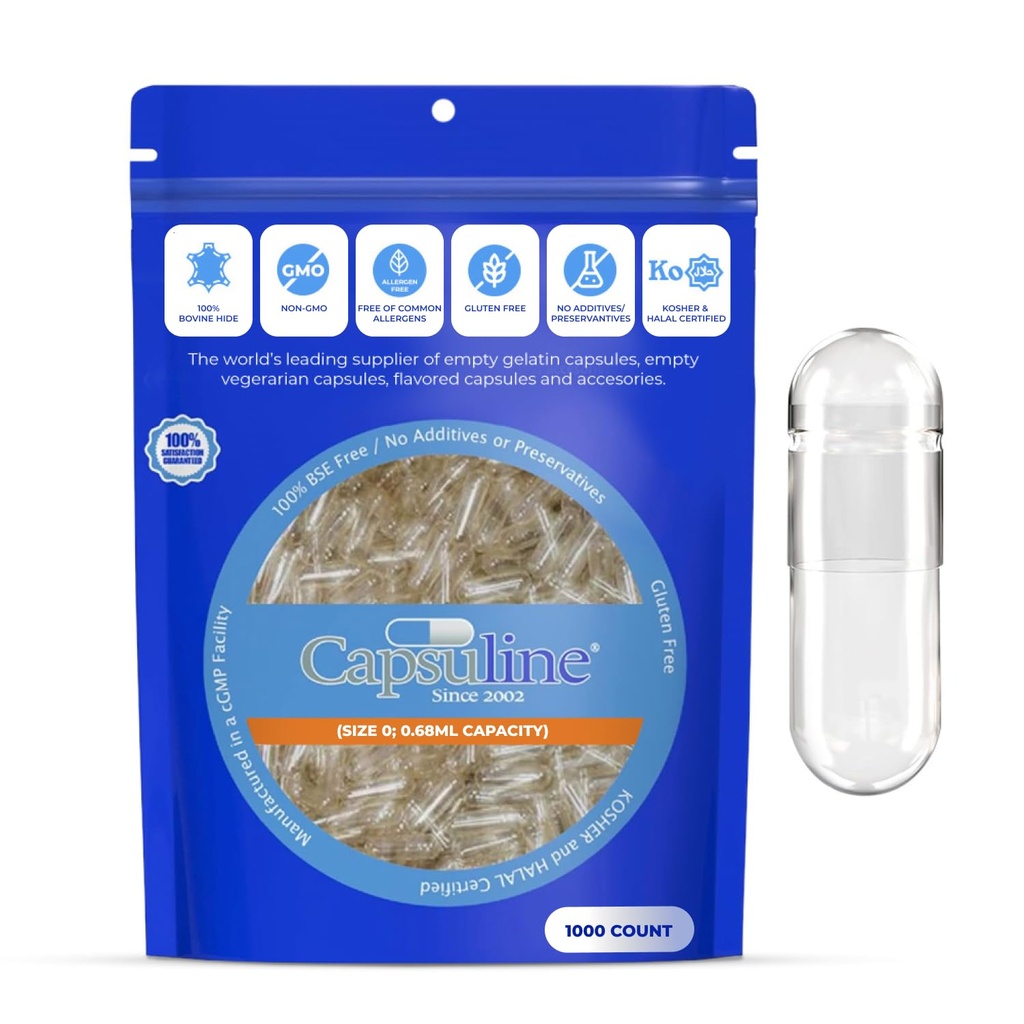 Capsuline Uzunluk 0 Boş Gelatin Capsules, Clear - 1000 Count | Gluten Free, Kosher, Non-GMO sertifikalı | Pure Bovine Pill Caps for DIY Supplement - 1000