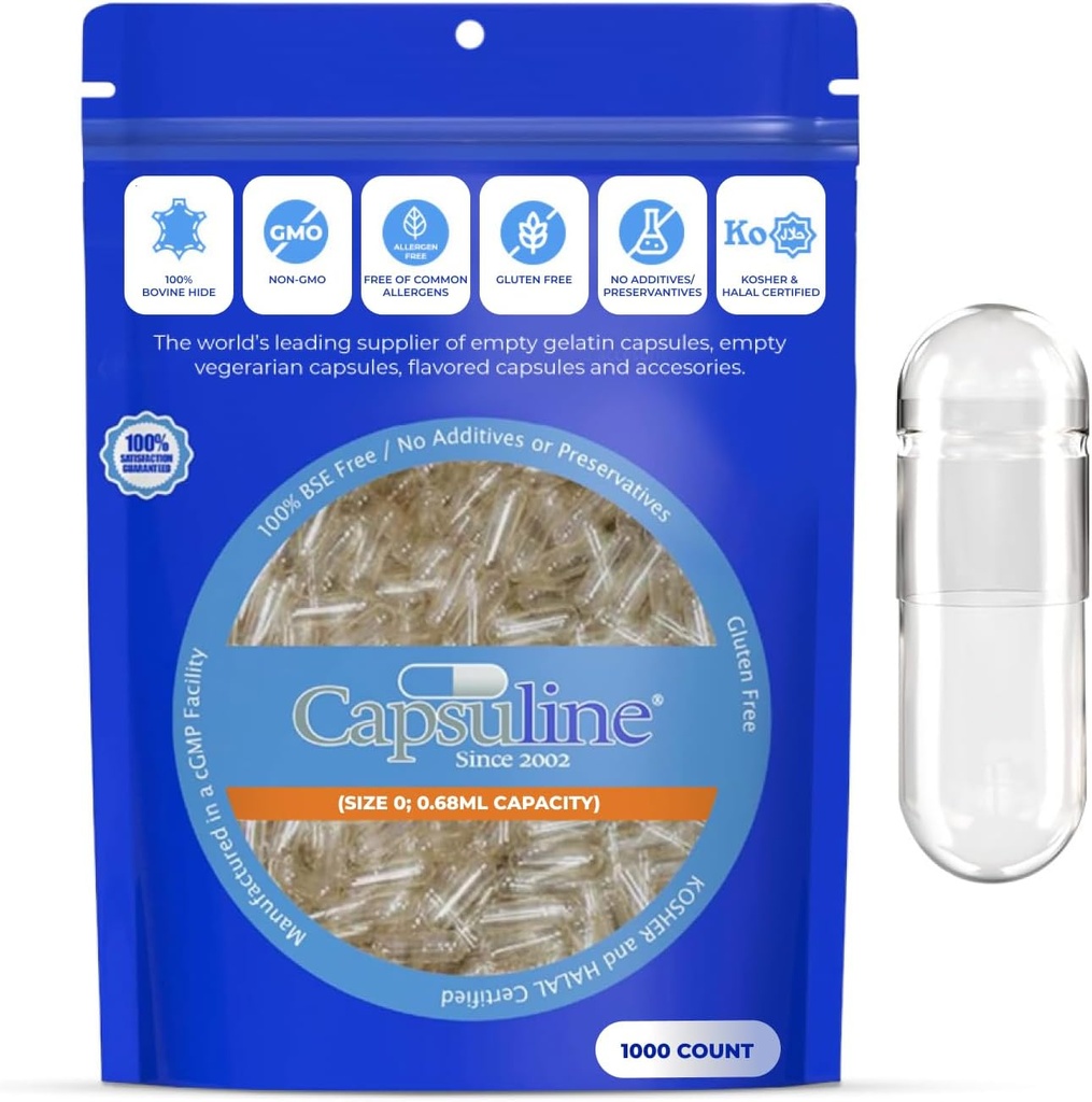 Capsuline Uzunluk 0 Boş Gelatin Capsules, Clear - 1000 Count | Gluten Free, Kosher, Non-GMO sertifikalı | Pure Bovine Pill Caps for DIY Supplement - 1000