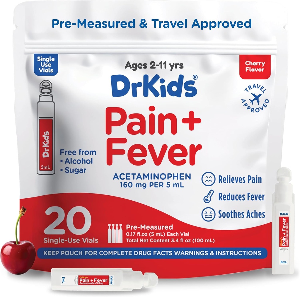 Dr. Kids Παιδικό Πόνος και Πυρετός Ιατρική - Acetaminophen για Παιδιά Ηλικίες 2-11, Pre-Measure Single-Use Φιαλίδια για Πονοκέφαλο, Πονοκεφάλου, Ψυχρού και Γρίπης, Cherry Γεύση, 20 Count (Pack of 1)