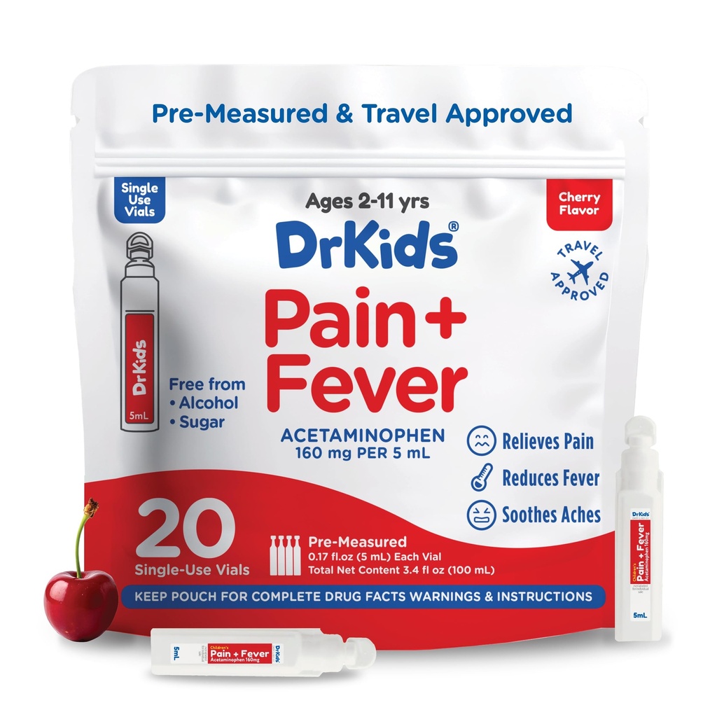 Dr. Kids Children's Pain and Fever Medicine - Acetaminophen for Kids Ages 2-11, Pre-Measured Single-Use Vials for Headache, Sore Throat, Cold and Flu, Cherry Flavor, 20 Count (1.5 km)