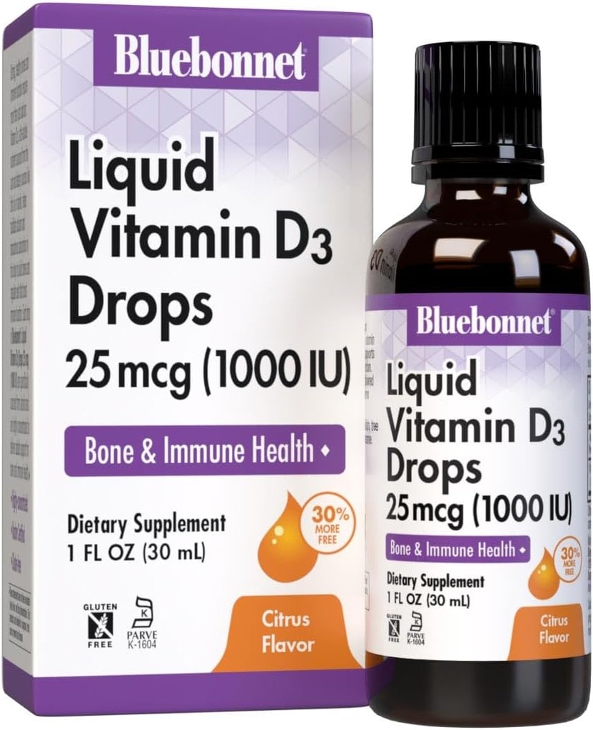 BlueBonnet Vitamin D3 1000 IU 2506 Güçlü Bones & Immune Support Supplement - Kadınlar ve Erkekler için Sıvı Vitaminler - Lanolin VIT D Drops with MCT Oil - Non-GMO, Vegetarian - Citrus Flavor - 1 Fl Oz