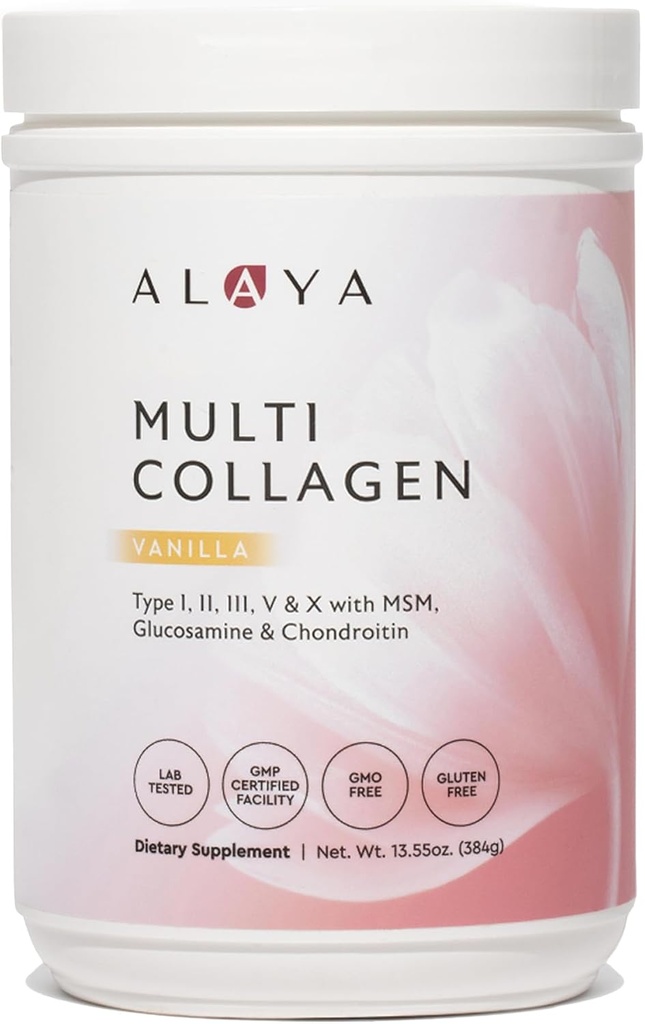 Alaya Multi Collagen Powder - Type I, II, III, V, X Hydrolyzed Collagen Peptides Protein Peptides Supplement with MSM + GC (Vanilla)