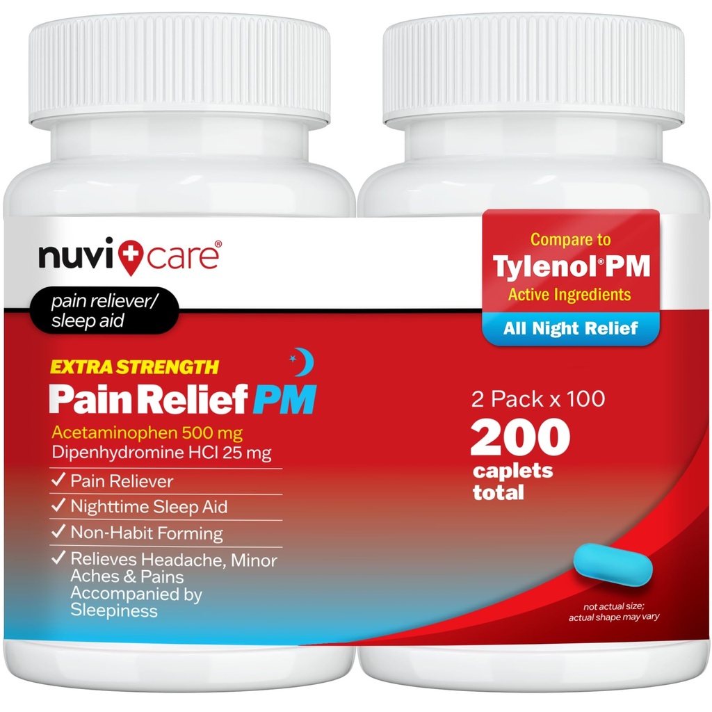 Ekstra Güçlü Ağrı Yardımı PM - Acetaminophen 500 mg & Diphenhydramine 25mg - Tylenol PM Ekstra Güçlü Uyku Yardımı ile karşılaştırıldığında - Aches & Pains (100 Tabletler)