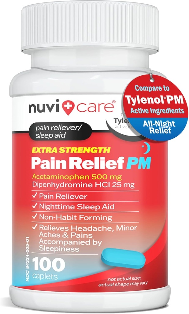 Extra Strength Pain Relief PM - Acetaminophen 500mg & Diphenhydramine 25mg - Σύγκριση με Tylenol PM Extra Strength Sleep Aid - Ενήλικας PM Pain Reliever για Nighttime Aches & Pains (100 Tablets)