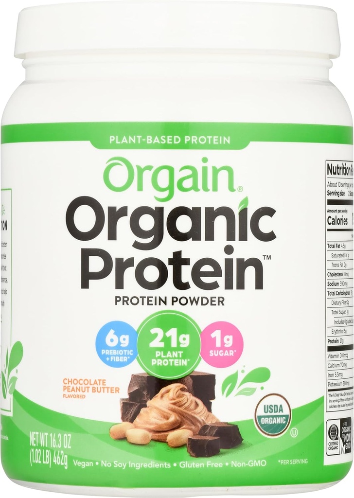 Orgain Organic Vegan protein Toz, Chocolate Peanut Butter - 21g of Plantive protein, Low Net Carbs, Non Dairy, Gluten Free, Lactose Free, No Sugar Eklenme, Soy Free, Kosher, 1.02 Pound