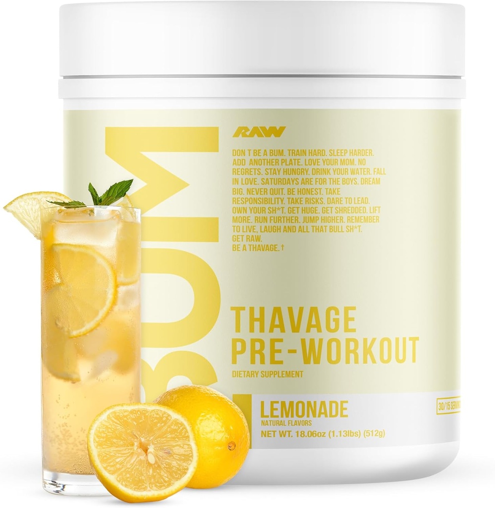 RAW Pre Workout Toz, Thavage (Lemonade) - Chris Bumstead Sports Nutrition Supplement for Men & Women - Cbum Pre Workout for Working Out, Hydration, mental Focus & Energy - 40 Hizmetler