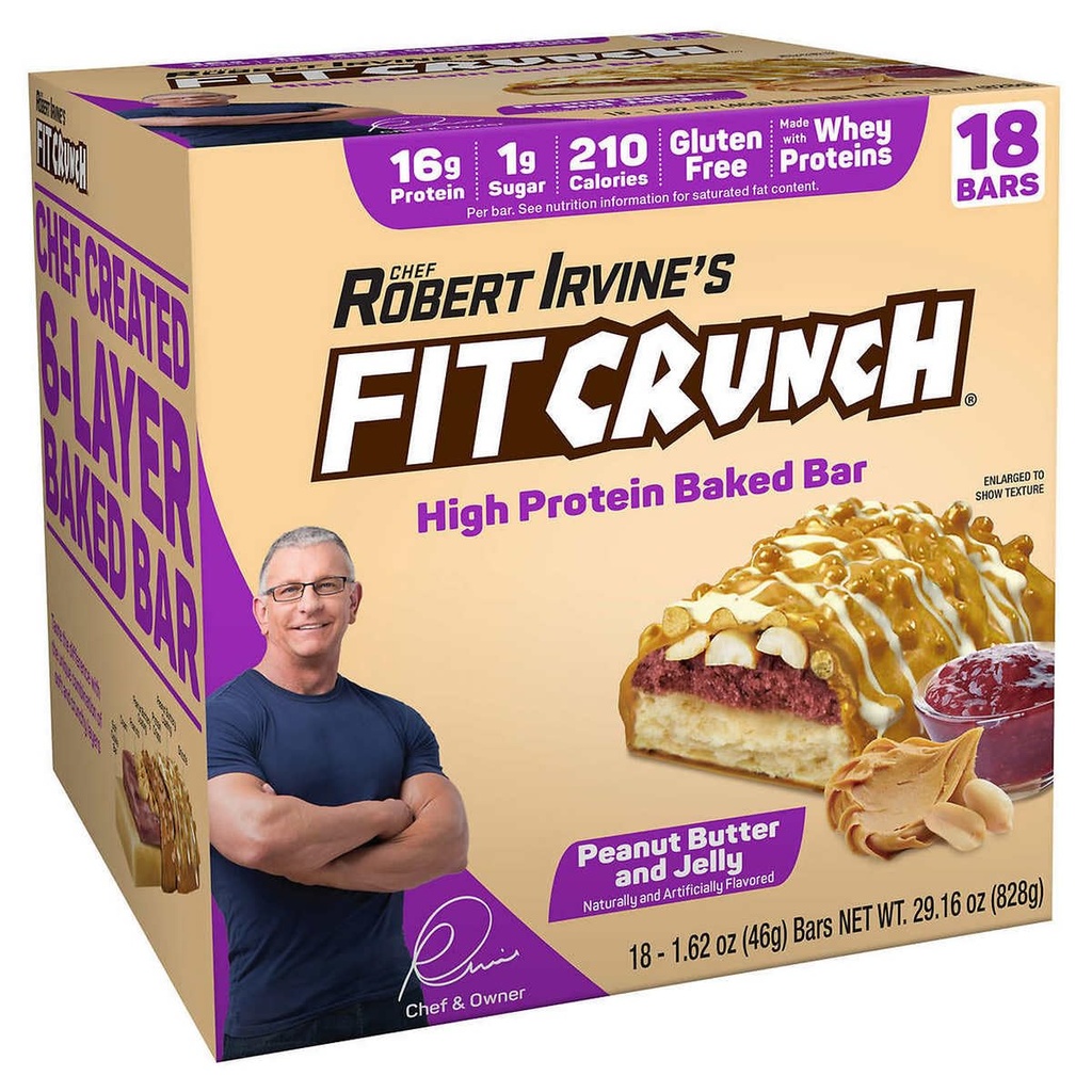 FITCRUNCH Snack Boyut Protein Barlar, 6Layer Baked Bar, 1g of Sugar, Gluten Free & Soft Kek Core (18 Bars, Peanut Butter ve Jelly)