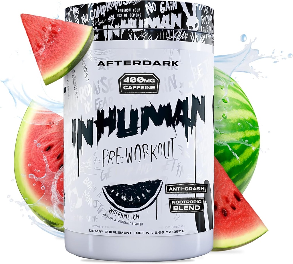 AFTERDARK INHUMAN Pre-Workout Toz, Geliştirilen Mind-Muscle Connection, Sustained Energy, Potent Nootropic Mix, Vegan, Gluten-Free, Soy-Free, 400 mg Caffeine, No Crash, Watermelon