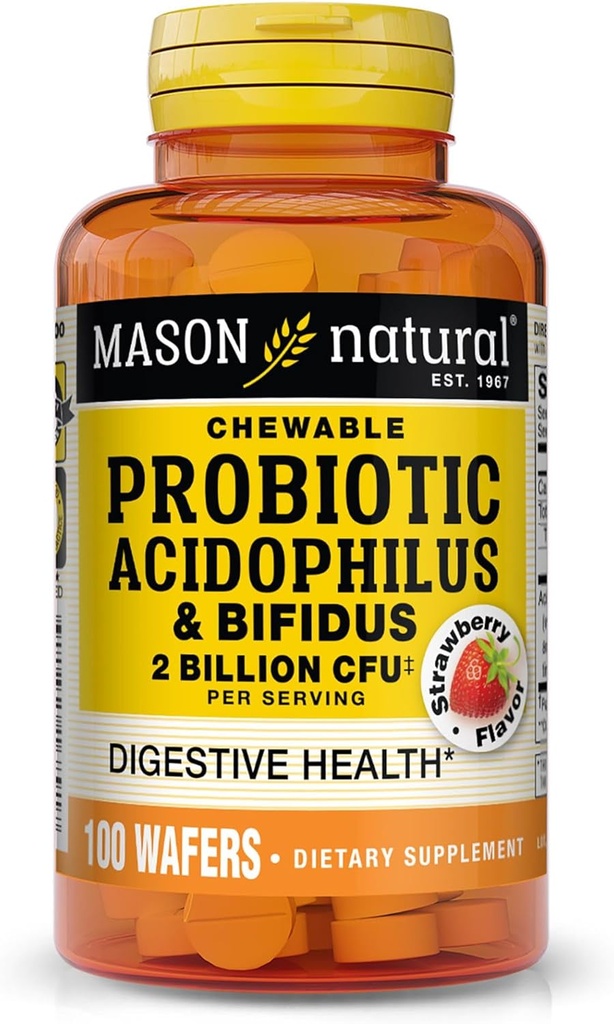 MASON NATURAL Probiyotik Acidofilius with Bifidus, 50 Day Supply, Supports Health Normal Digestion, Strawberry Flavor, 100 Chewable Wafers