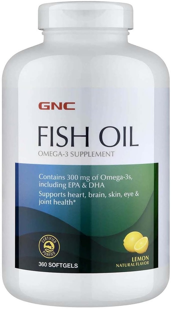GNC Fish Oil Omega 3 συμπλήρωμα, 300mg EPA και DHA, άρωμα λεμόνι, υποστηρίζει την καρδιά, τον εγκέφαλο, το δέρμα, τα μάτια και κοινή υγεία, 360 Softgels, 360 υπηρεσίες