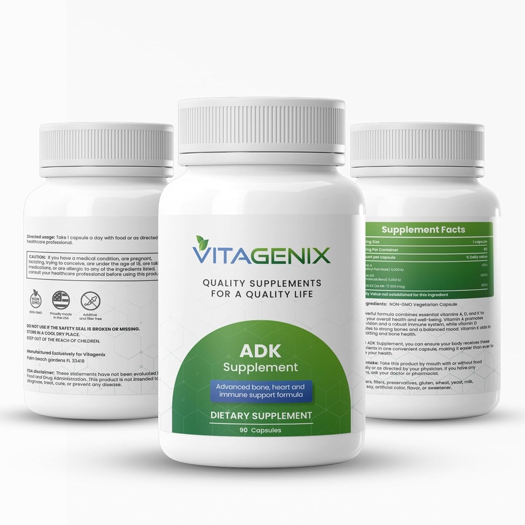ADK 10 - Erkekler ve Kadınlar için A, D3 & K2 Supplement - Yüksek Potency ADK - Immune, Bone & Heart Health - 90 Capsules