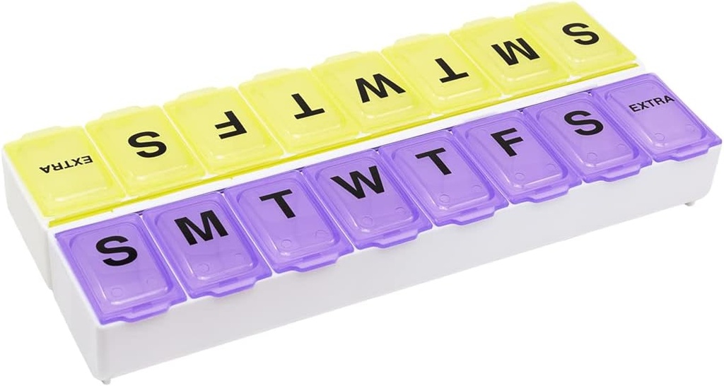 EZY DOSE Weekly (14-Day) Pill Organizer, Vitamin ve Tıp Kutusu, Büyük Snap Karşılaştırmaları, Kolay-To-Open, Faraday Free, Mor ve Sarı Sarı
