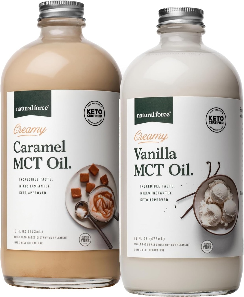 Creamy Vanilla της Φυσικής Δύναμης + Creamy Caramel MCT Oil Bundle – Χωρίς γλουτένη, μη ΓΤΟ, γαλακτωματοποιημένα αρωματικά MCT από οργανικές καρύδες – Keto, Παλαιό, και Vegan – 2x 16 Ounce Γυάλινα μπουκάλια