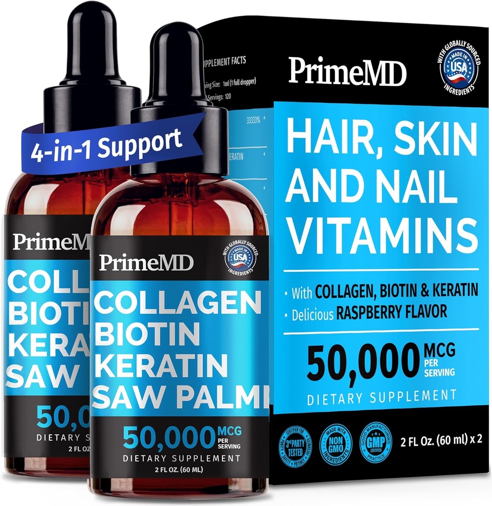 Liquid Collagen Peptides for Women - Serum Complex with Biotin Vitamin, Hydrolyzed Keratin Protein and Saw Palmetto - Comprehensive Formula for Hair, Skin, and Nails Wellness - 2fl oz (Pack of 2)