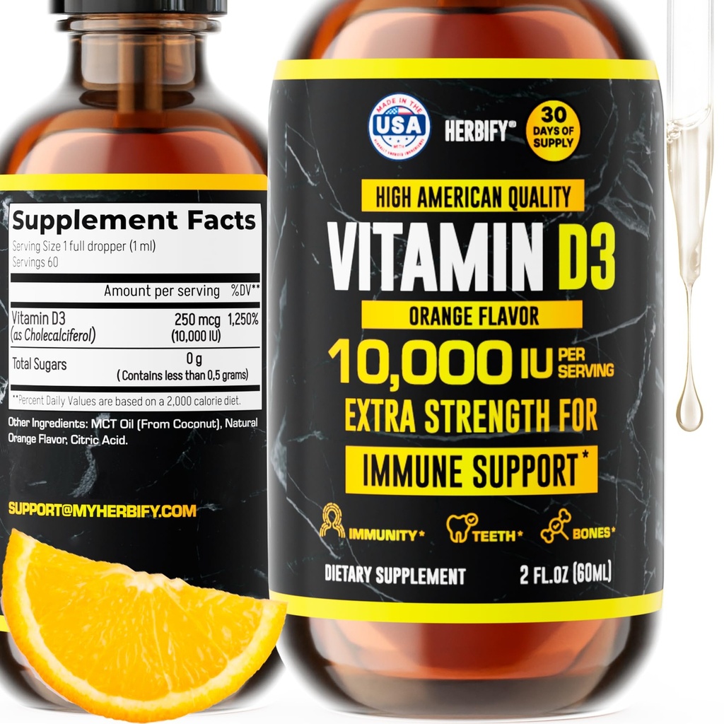 HERBIFY Vitamin D3 10000 IU - ABD'de Sıvı Vitamin D Drops - Bone Strength ve Immune Support Supplement - Sunshinechange - D3 Bone and Teeth Supplement - 2 Oz Oz