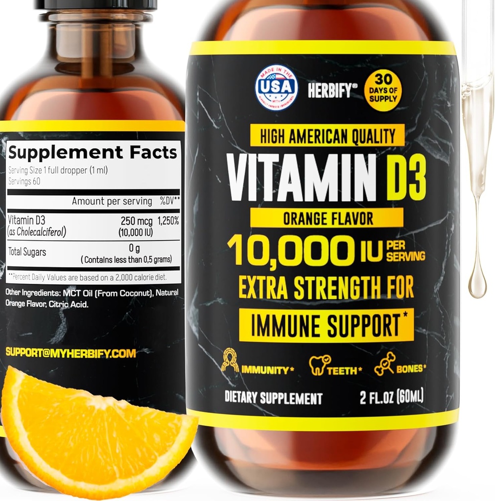 HERBIFY Vitamin D3 10000 IU - ABD'de Sıvı Vitamin D Drops - Bone Strength ve Immune Support Supplement - Sunshinechange - D3 Bone and Teeth Supplement - 2 Oz Oz
