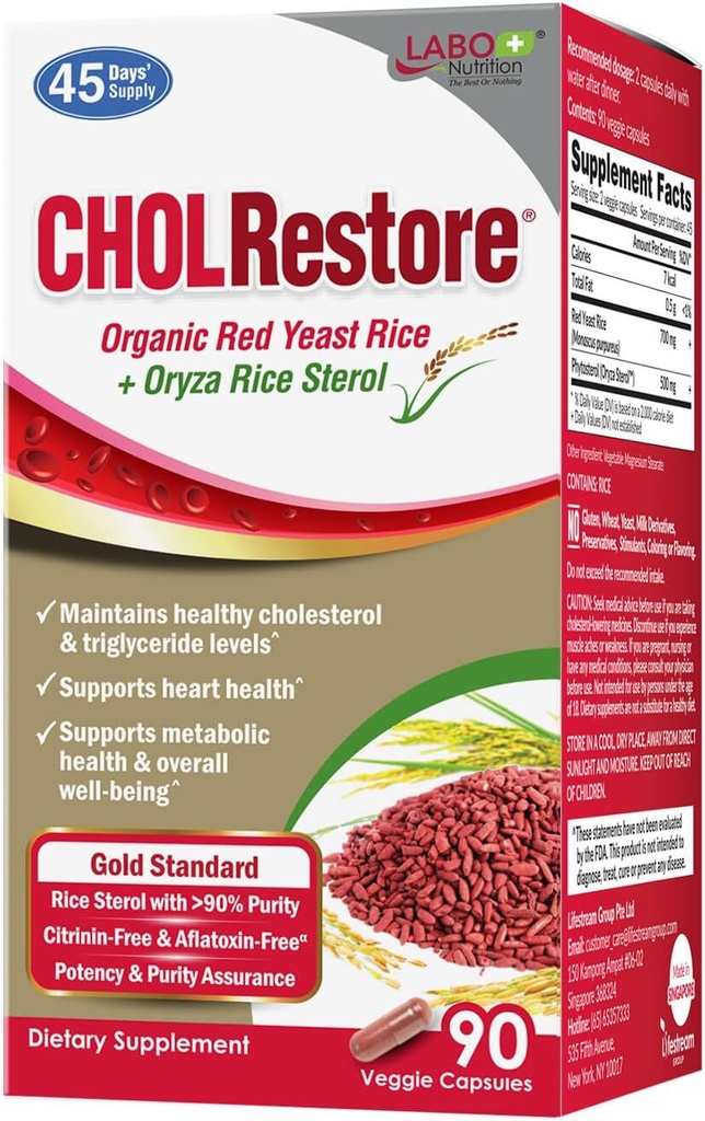 LABO Διατροφή CHOLRestore – Κόκκινο ρύζι ζύμης με Φυτοστερόλη Συμπλήρωμα υγείας, Υποστηρίζει υγιή επίπεδα χοληστερόλης, κιτρινίνη, αφλατοξίνη & χωρίς σόγια, 90 κάψουλες χορτοφάγων