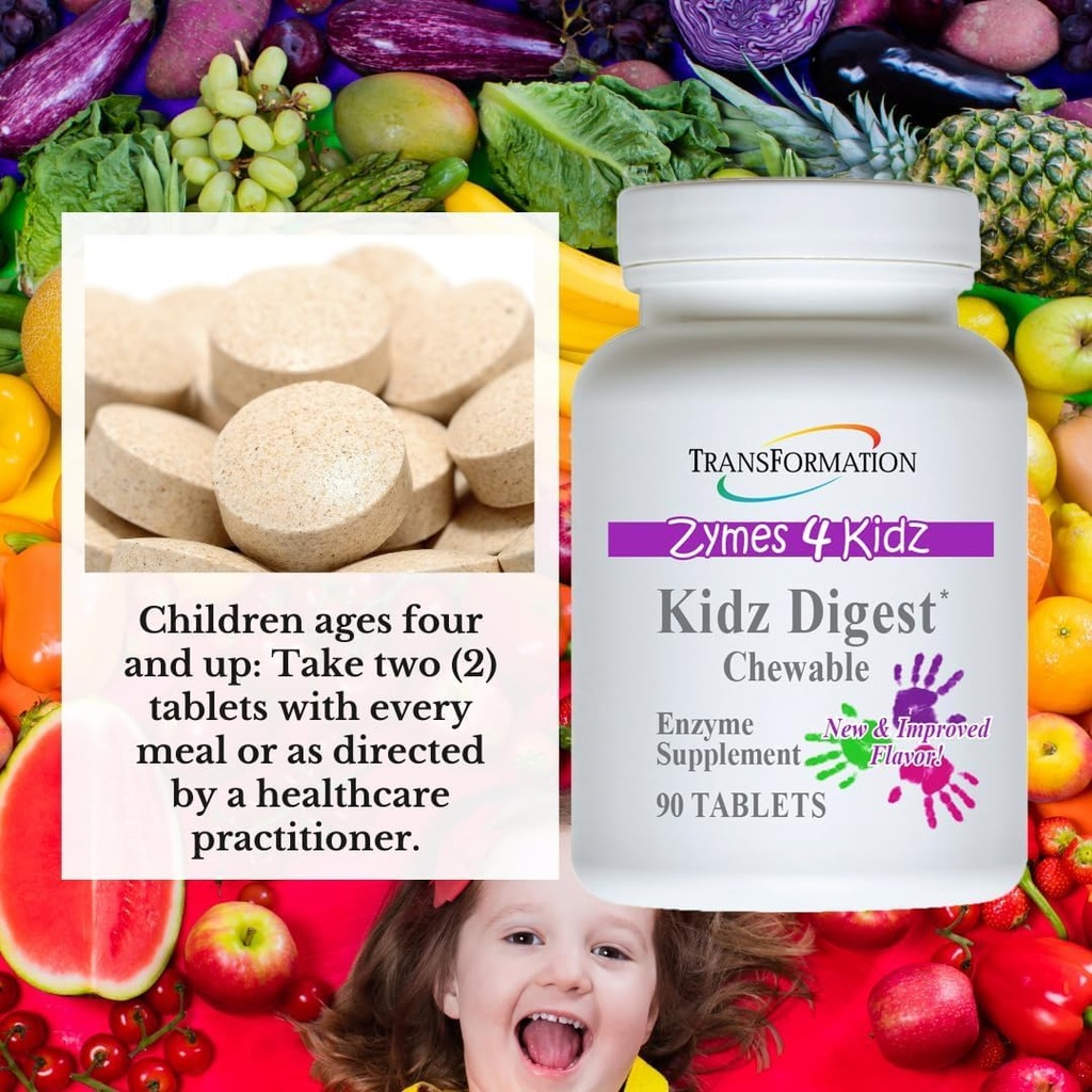 TRANSFORMATION THE GENESIS OF GOOD HEALTH Enzymes Kidz Digestive Enzyme Supplement Chewable, Promote Healthy & Complete Digestion & Elimination for Children, 90 Tablets