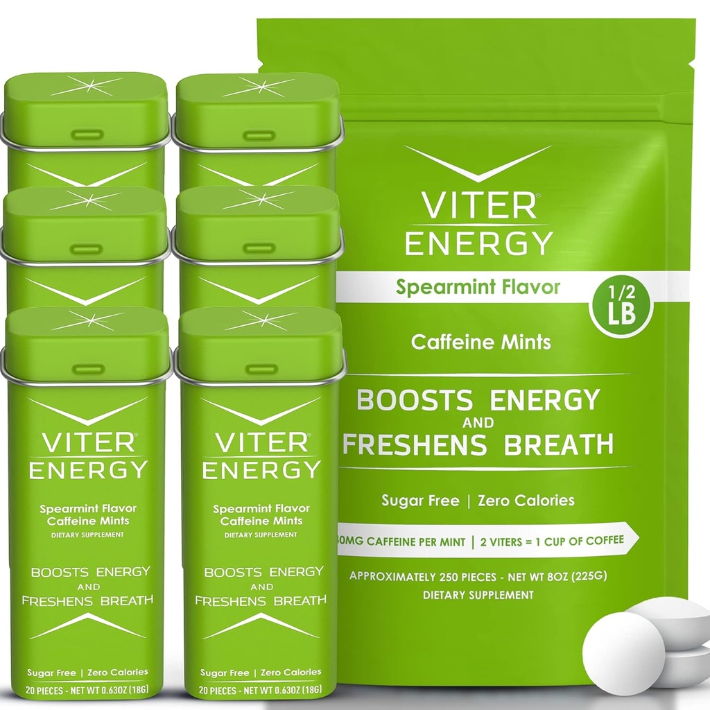 Viter Energy Original Caffeine Mints Spearmint Flavor 6 Pack ve 1/2 Pound Bulk Bag Sche - 40 mg Caffeine, B Vitamins, Sugar Free, Vegan, Focus and Alertness için Güçlü Enerji Uyarısı