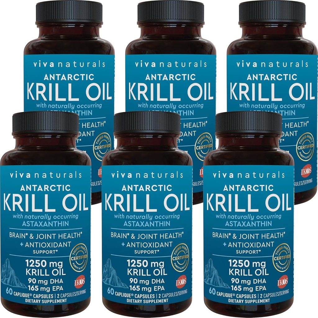 Viva Naturals Antarctic Krill Oil 1250 mg, Omega 3 EPA DHA και Ασταξανθίνη, συμπλήρωμα κοινής υποστήριξης και εγκεφάλου με αντιοξειδωτικές ιδιότητες, χωρίς ψαρική επίγευση (Pack of 6)