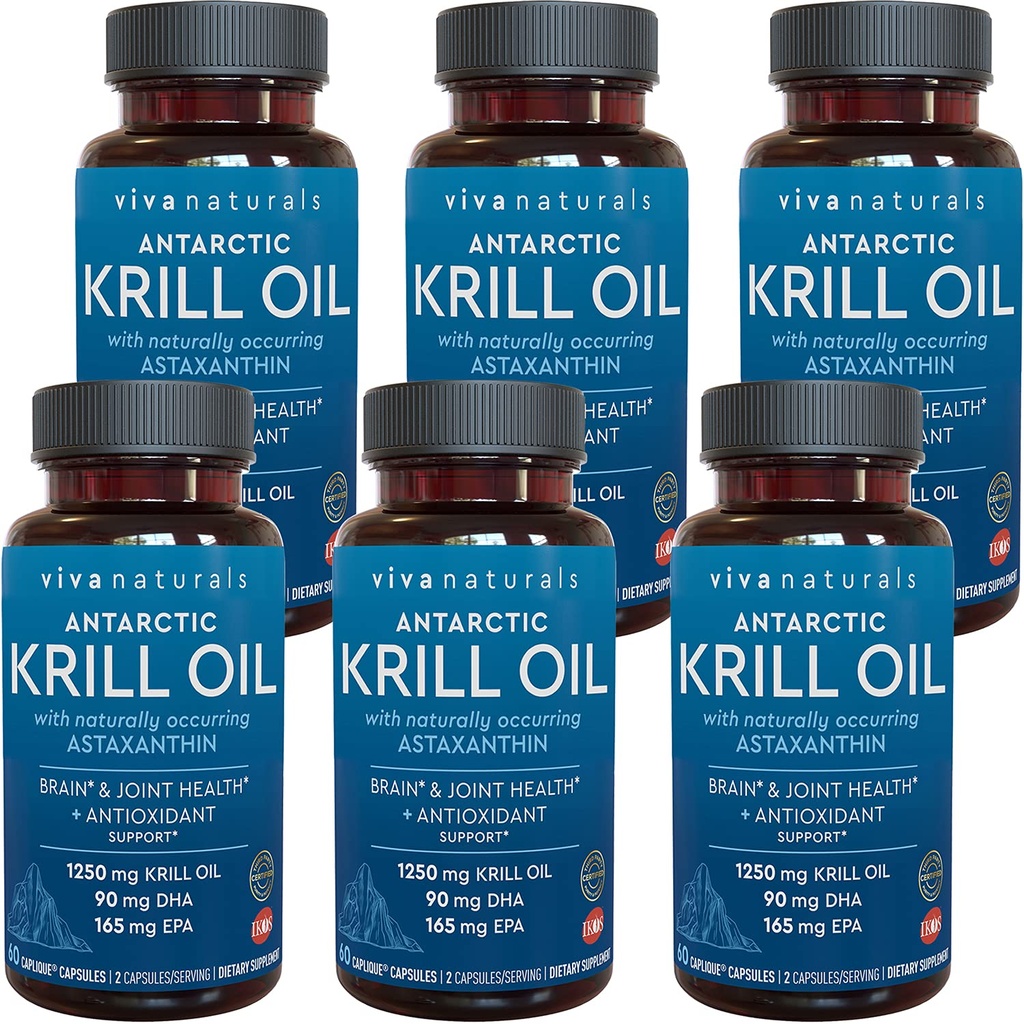 Viva Naturals Antarctic Krill Oil 1250 mg, Omega 3 EPA DHA και Ασταξανθίνη, συμπλήρωμα κοινής υποστήριξης και εγκεφάλου με αντιοξειδωτικές ιδιότητες, χωρίς ψαρική επίγευση (Pack of 6)