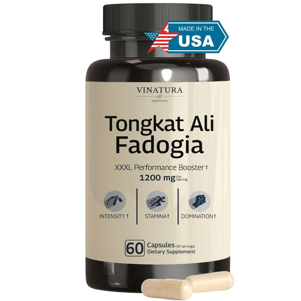Tongkat Ali Fadogia Agrestis - 1200mg, Enhanced with Nitric Oxide Booster Supplement, Longjack Tongkat Ali for Men, *USA Made and Tested*, 60 Capsules