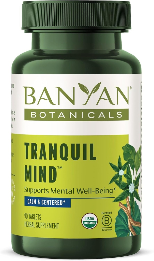 Banyan Botanicals Tranquil Mind – Organic Supplement with Guduchi, Gotu Kola & Skullcap – Υποστηρίζει Περιστασιακή Ανησυχία & Προάγει μια αίσθηση ηρεμίας * – 90 Tablets – Μη ΓΤΟ Βιώσιμα πηγάζει Vegan