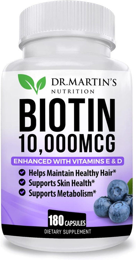 Potent Biotin (Vitamin B7) 10.000 mcg with Vitamins D & E Supplement | 180 Count | Saç, Skin And Nails | For Saber & Güçlü Saç Büyüme | Sağlıklı, Genç Skin & Güçlü Nails | Enerji Desteği