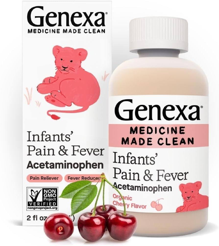 Genxa Infants' Clean Acetaminophen | Pediatrik Tercih Edilen Malzemeler | Bebekler için Ağrı Reliever & Ateşi| Dye Free, 0% Yapay Katkılar | Organik Cherry Flavor, 2 fl ozzz